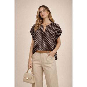 Ann Mashburn Split Neck Tunic Blouse Size L Black Red Print Lined